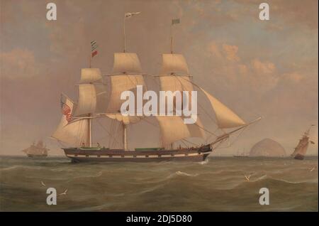 The Black Ball Line Packet Ship 'New York' off Ailsa Craig, William Clark, 1803–1883, British, 1836, Öl auf Leinwand, Support (PTG): 24 x 36 Zoll (61 x 91.4 cm), Amerikaner, Vögel, Flaggen, Meereskunst, Masten und Takelage, Männer, Ozean, Paket (Wasserfahrzeuge), Wimpel, Felsen (Landformen), Segel, Meer, Schiffe, Dampfer, Ailsa Craig, Clyde, Firth of, Schottland, South Ayrshire, Vereinigtes Königreich Stockfoto