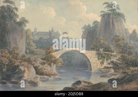 River Landscape with a Single Bogened Bridge, John Warwick Smith, 1749–1831, British, 1797, Aquarell und Gouache auf mittlerem, glattem, gewobenen Papier auf dickem, leicht strukturiertem, cremefarbenen Papier, Blatt: 5 1/8 × 7 5/8 Zoll (13 × 19.4 cm) und Halterung: 8 3/4 × 11 1/4 Zoll (22.2 × 28.6 cm), Bögen, Brücke (gebaut), Schloss, Landschaft, Fluss, Bäume Stockfoto