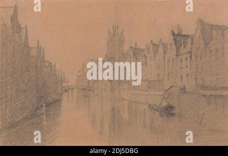 Blick auf einen Kanal in Dordrecht, unbekannter Künstler, zwischen 1875 und 1885, Graphit auf dünnem, leicht strukturiertem beigefarbenem Papier, Blatt: 1/8 × 8 Zoll (13 20.3 × cm), architektonisches Motiv, Boote, Brücke (gebaut), Gebäude, Kanal, Stadtbild, Häuser, Dordrecht, Dordrecht, Gemeente, Europa, Holland, Niederlande, Zuid-Holland Stockfoto