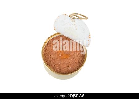 Hühnerpastete in einer Dose isoliert auf weißem Hintergrund. Katzenfutter aus der Dose. Stockfoto