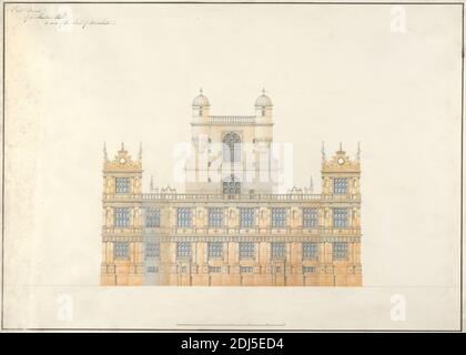 Wollaton Hall, Nottingham: Elevation, Studio of Sir Jeffry Wyatville, 1766–1840, British, ca. 1801, Aquarell über Graphit auf Medium, leicht strukturiert, weißes Gewobspapier, Blatt: 15 9/16 × 21 5/8 Zoll (39.5 × 55 cm), Architekturzeichnung, Architekturmotiv, Architektur, Erhebungen (Zeichnungen), Erhebungen, Exterieur, Halle, Plan (Zeichnung), Präsentationszeichnungen (Geschenke Stockfoto