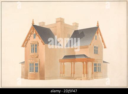 Cottages at Chatsworth, Derbyshire: Perspective, Studio of Sir Jeffry Wyatville, 1766–1840, britisch, nach 1818, Graphit, Stift und schwarze Tinte, Aquarell auf leicht strukturiertem, mittlerem, weißem Wove-Papier, Blatt: 13 7/8 × 20 9/16 cm (52.2 × 35.2 inch), architektonisches Motiv Stockfoto