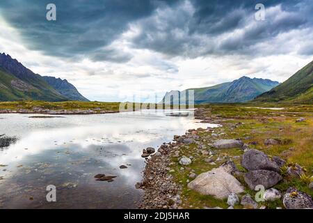 Norwegen Landschaft mit Fjord, Berge, Wald in Lofoten, Norwegen Stockfoto
