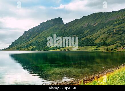 Norwegen Landschaft mit Fjord, Berge, Wald in Lofoten, Norwegen Stockfoto