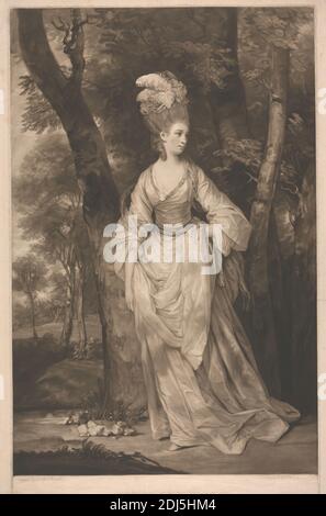 Mrs. Carnac, Druck von John Raphael Smith, 1752–1812, britisch, nach Sir Joshua Reynolds RA, 1723–1792, britisch, 1778, Mezzotint auf gedeckten Papier auf mäßig dickem, rauem, beigefarbenem, gedeckten Papier, Blatt: 25 1/2 × 16 7/8 cm (42.9 × 64.8 Zoll) und Bild: 23 11/16 × 15 3/8 Zoll (60.2 × 39.1 cm), Kostüm, Feder, Porträt Stockfoto