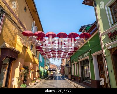 Sighisoara Rumänien - 11.26.2020: Hängende Sonnenschirme über einer gepflasterten Straße in Sighisoara Stockfoto