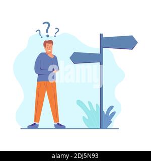 Wahl Weg Wegweiser.Mann steht schwer choice.where ist die Richtung zu gehen. Stock Vektor