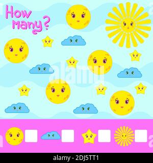 Zählspiel für Vorschulkinder für die Entwicklung von mathematischen Fähigkeiten. Wie viele Elemente im Bild mit einem Ort für Antworten. Einfache Fla Stock Vektor