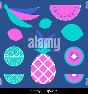 Set von farbigen isolierten leckeren Früchten auf blauem Hintergrund. Abstrakte ungewöhnliche Zeichnung. Einfache flache Vektordarstellung. Geeignet für die Gestaltung von Paketen, Stock Vektor