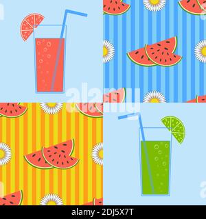 Zwei isolierte nahtlose appetitliche Wassermelonen auf einem gestreiften Hintergrund und Bilder mit einem Cocktail. Verschiedene Farben. Saftig, hell, lecker t Stock Vektor