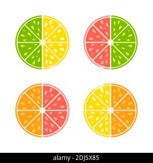 Satz farblich isolierter Hälften von maulbewässerenden Früchten auf weißem Grund. Saftige, helle, köstliche tropische Speisen. Limette, Zitrone, Grapefruit, Orange Stock Vektor