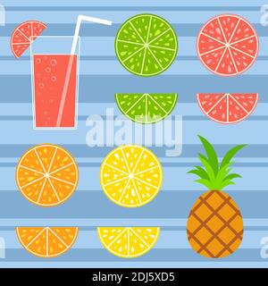 Set von farbigen isolierten leckeren Zitrusfrüchten auf einem gestreiften Hintergrund. Saftiges, helles, köstliches tropisches Essen. Limette, Zitrone, Grapefruit, Orange, Zirbeldrüse Stock Vektor