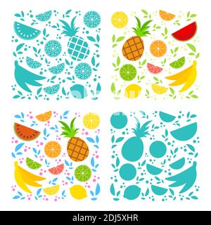 Vier Gruppen von vereinzelten appetitlichen Früchten auf weißem Hintergrund. Verschiedene Farben. Saftiges, helles, köstliches tropisches Essen. Zitrone, Kiwi, Banane, Zirbelpflanze Stock Vektor