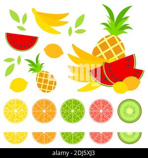 Ein Satz von farbigen isolierten Hälften von köstlichen Früchten. Saftiges, helles, köstliches tropisches Essen. Limette, Zitrone, Grapefruit, Orange, Kiwi, ein Bündel b Stock Vektor