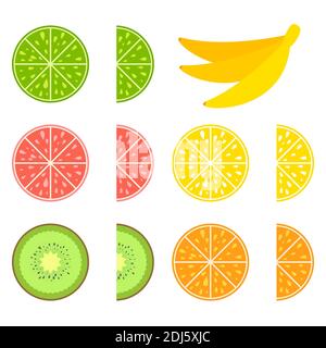 Ein Satz von farbigen isolierten Hälften von köstlichen Früchten. Saftiges, helles, köstliches tropisches Essen. Limette, Zitrone, Grapefruit, Orange, Kiwi, ein Bündel b Stock Vektor