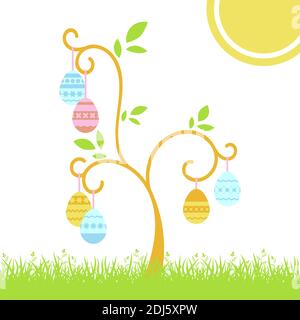 Set von niedlichen farbigen isoliert Ostereier hängen auf einem Baum auf weißem Hintergrund. Mit abstraktem Streifenmuster. Einfache flache Vektordarstellung. S Stock Vektor