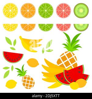 Ein Satz von farbigen isolierten Hälften von köstlichen Früchten. Saftiges, helles, köstliches tropisches Essen. Limette, Zitrone, Grapefruit, Orange, Kiwi, ein Bündel b Stock Vektor