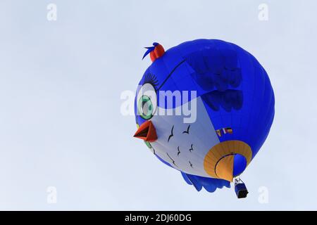 Ein blauer Heißluftballon in Sonderform als Vogelkopf "tweety" Nahaufnahme fliegt in den blauen Himmel in sint-niklaas während Die jährlichen Friedensfeste Stockfoto