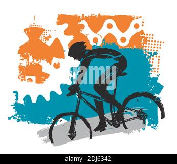 Mountainbike, Radfahrer und Fahrradteile bacground. Bunte Grunge stilisierte Illustration mit Radfahrer und Fahrrad Teile. Vektor verfügbar. Stock Vektor