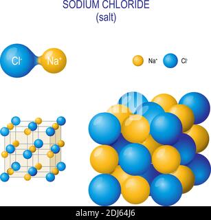 Kristallstruktur von Natriumchlorid und zweiatomigem Salzmolekül. Chemie-Modell des Salzmoleküls. Kombination von zwei Kugeln in Atom zu NaCl Stock Vektor