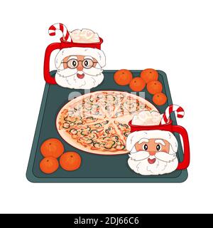 Weihnachtspizza mit Weihnachtsmannbecher mit Kakao, Marshmallows, rot-weißen Bonbons, Mandarinen auf einem Tablett für Neujahr Stock Vektor