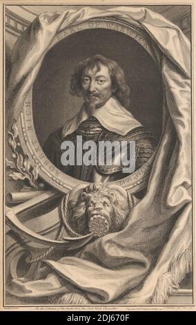 Robert Rich, 2. Earl of Warwick, Druck gemacht von Jacobus Houbraken, 1698–1780, niederländisch, nach Sir Anthony Van Dyck, 1599–1641, flämisch, in Großbritannien tätig (1620–21; 1632–34; 1635–41), 1747, Strichgravur auf mäßig dick, mäßig strukturiert, beige, gegossenes Papier, Blatt: 15 5/8 × 9 1/2 Zoll (39.7 × 24.1 cm) und Bild: 14 1/16 × 8 13/16 Zoll (35.7 × 22.4 cm Stockfoto