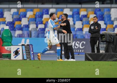 Neapel, Italien. Dezember 2020. Andrea Petagna und Gennaro Gattuso Spieler von Neapel, während des Spiels der italienischen Fußball-Liga zwischen Napoli gegen Sampdoria Endergebnis 2-1, Spiel im Diego Armando Maradona Stadion in Neapel gespielt. Italien, 13. Dezember 2020. (Foto von Vincenzo Izzo/Sipa USA) Quelle: SIPA USA/Alamy Live News Stockfoto