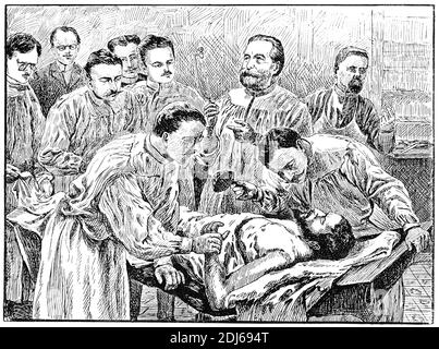 Professor Ernst von Bergmann im Operationssaal der Berliner Operationsklinik. Illustration des 19. Jahrhunderts. Deutschland. Weißer Hintergrund. Stockfoto