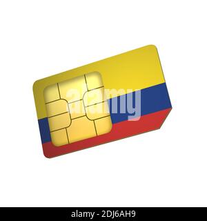 3D Handy sim-Karte Chip mit Flagge von Kolumbien isoliert auf weißem Hintergrund. 3d-Rendering Stockfoto