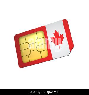 3D Handy sim-Karten-Chip mit Flagge von Kanada auf weißem Hintergrund isoliert. 3d-Rendering Stockfoto