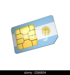 3D Handy sim-Karte Chip mit Flagge von Argentinien isoliert auf weißem Hintergrund. 3d-Rendering Stockfoto