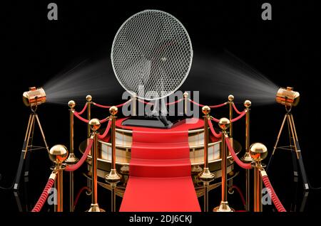 Podium mit Tischventilator, 3D-Rendering isoliert auf schwarzem Hintergrund Stockfoto