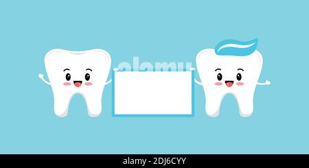 Nette Zähne hält Banner Board isoliert auf blauem Hintergrund. Stock Vektor