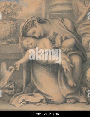 Madonna mit Kind, Richard Cosway, 1742–1821, britisch, undatiert, Aquarell und Graphit auf Medium, leicht strukturiert, beigefarbenes Papier, Blatt: 13 3/4 x 11 3/8 Zoll (34.9 x 28.9 cm), Korb, Vögel, Kind, Christus-Kind spielen  Madonna-Darstellungen (+ Heiliger Geist (als Taube)), Säule (architektonisches Element), Vorhänge, Taube, Blumen (Pflanzen), Mutter, religiöses und mythologisches Subjekt, Rosen (Pflanzen), Vasen, Frau Stockfoto