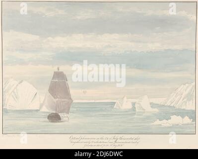 Optisches Phänomen eines Inverted Ship on the Horizon in der Nähe der Küste von Jameson's Land, Grönland, Charles Hamilton Smith, 1776–1859, belgisch, undatiert, Aquarell und Graphit auf mäßig dickem, mäßig strukturiertem, cremefarbenem Wove-Papier, Blatt: 12 7/8 × 16 1/8 cm (41 × 32.7 Zoll) und Bindung: 16 1/8 Zoll (41 cm), Landschaft, Meereskunst Stockfoto