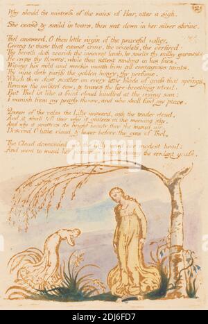 Das Buch Thel, Tafel 4, "Warum sollte die Herrin. . . .', Print made by William Blake, 1757–1827, British, 1789, Relief Radierung in braun mit Feder und Tinte und Aquarell auf mäßig dickem, leicht strukturiertem, cremefarbenem Wove-Papier gedruckt, Blatt: 12 x 9 1/2 Zoll (30.5 x 24.1 cm) und Platte: 6 x 4 1/4 Zoll (15.2 x 10.8 cm), Blumen (Pflanzen), Kleider, Blatt, literarisches Thema, Pflanzen, Text, Bäume, Reben, Weiden, Frauen Stockfoto