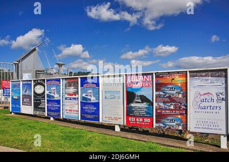 Boot Charter Plakate außerhalb Marina, Whitianga Harbour, Whitianga, Mercury Bay, Coromandel Peninsula, Region Waikato, Neuseeland Stockfoto