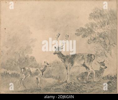 Damhirsch: Hirsch, Doe and Fawn in a Clearing, Sawrey Gilpin, 1733–1807, britisch, ca. 1791, Schwarze Kreide und Stumpf über Graphit auf Medium, leicht strukturiert, auf dickem, mäßig strukturiertem, gewickeltem Papier, Blatt: 7 1/2 × 9 1/2 Zoll (19.1 × 24.1 cm), Tierkunst, Hirsch, Rehe, Rehkitz, Weide, Wiese, Hirsch Stockfoto