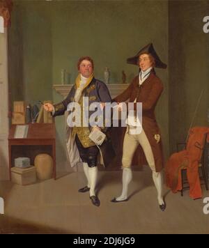 John Quick und John Fawcett in Thomas Moretons "The Way to Get Married", Samuel De Wilde, 1748–1832, British, 1796, Öl auf Leinwand, Support (PTG): 28 3/4 x 25 3/4 Zoll (73 x 65.4 cm), blau, Bücher, Schachteln, Schachteln (Container), Stuhl, Komödie, Schreibtisch, Brille, Kamin, Gold, Hut, Männer, Porträt, Zimmer, Theater Stockfoto