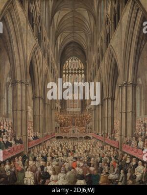 Innenansicht der Westminster Abbey zur Erinnerung an Händel, aus der Manager's Box, Edward Edwards, 1738–1806, britisch, ca. 1790, Öl auf Leinwand, Support (PTG): 50 3/8 x 40 Zoll (128 x 101.6 cm), architektonisches Subjekt, Publikum, Chor, Gedenken, Genre Thema, Innen, Masse, Musik, Kirchenschiff, Orgeln (Aerophone), Menschen, Performance, City of Westminster, England, Greater London, London, Vereinigtes Königreich, Westminster Abbey Stockfoto
