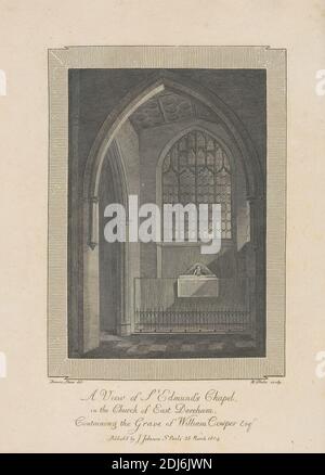 A View of St. Edmund's Chapel, in the Church of East Dereham, enthaltend the Grave of William Cowper Esq., Print made by William Blake, 1757–1827, British, after Francis Stone, Active 1804, British, Text by William Hayley, 1745–1820, British, Published by Joseph Johnson, 1738–1809, British, 1804, Radierung und Strichgravur auf mittelschwerem, leicht strukturiertem, cremefarbenen Papier, Einband: 11 1/2 cm (29.2 Zoll), Blatt: 11 3/8 × 9 Zoll (28.9 × 22.9 cm) und Bild: 8 × 5 5/8 Zoll (20.3 × 14.3 cm) Stockfoto