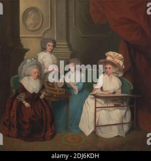 Lady Jane Mathew und ihre Töchter, unbekannte Künstlerin, 18. Jahrhundert, früher John Downman zugeschrieben, 1750–1824, britisch, ca. 1790, Öl auf Leinwand, Unterstützung (PTG): 36 x 36 Zoll (91.4 x 91.4 cm), Boxen (Behälter), Gespräch Stücke, Kostüm, Töchter, Familie, Genre Thema, Haare, Hut, innen, Freizeit, Porträt, Lesen, Zimmer, Nähen, Tisch, Frauen Stockfoto
