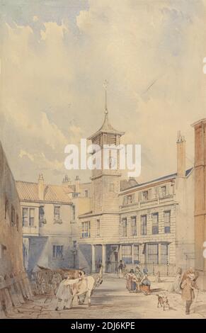 Courtyard of an Inn on the Thames, Thomas Shotter Boys, 1803–1874, britisch, undatiert, Aquarell, Feder und braune Tinte, Feder und schwarze Tinte und Graphit auf Medium, leicht strukturiert, cremefarbenes gewebtes Papier, Blatt: 12 3/8 × 8 Zoll (31.4 × 20.3 cm), architektonisches Motiv, Balkon, Schornsteine (architektonische Elemente), Uhr, Hof, Hund (Tier), Zäune, Genremotiv, Pferd (Tier), Gasthaus, Männer, Himmel, Kirchturm, Wagen, Spazierstöcke, Räder, Fenster, Frauen, England, Themse, Vereinigtes Königreich Stockfoto