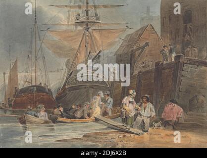 Ships at Wharf with Passengers Ausschiffung, Luke Clennell, 1781–1840, britisch, undatiert, Aquarell, schwarze Tinte und Graphit mit Kratzen auf mittlerem, leicht strukturiertem, cremefarbenem Wove-Papier, Blatt: 5 7/8 × 8 1/8 inches (14.9 × 20.6 cm), Fähre, Figuren (Darstellungen), Genre-Thema, Meereskunst, Schiffe, Kai, England, Newcastle upon Tyne Stockfoto