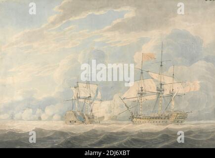 Der holländische Vizeadmiral unter Admiral De Winter, der seine Flagge dem englischen Vizeadmiral Onslow unter Admiral Duncan bei der Schlacht von Camperdown, 11. Oktober 1797, Robert Cleveley, 1747–1809, British, 1799, Graphit, Aquarell, Feder und schwarze Tinte auf mittelstrukturiertem, mittelschwerem, cremefarbenen Papier, Blatt: 13 1/2 × 19 7/8 Zoll (34.3 × 50.5 cm Stockfoto