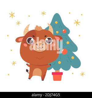 Cute Cartoon Stier mit dem Weihnachtsbaum. Stock Vektor