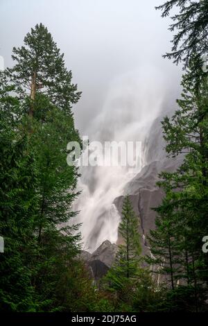 Traumhaftes Foto der Shannon Falls. Dichter Nebel macht die Szene so surreal, wie der Fall direkt aus den Wolken fließt, in Shannon Falls Provi Stockfoto