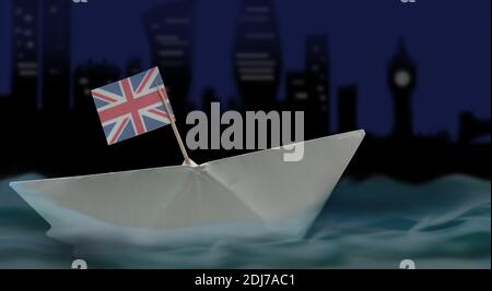 Ein Papierboot mit der englischen Flagge segelt durch die Gewässer, während die Stadt London in die Nacht gestürzt wird. Stockfoto