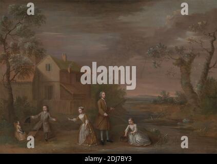 Eine Familiengruppe namens "die Stafford Familie", Unbekannter Künstler, achtzehnten Jahrhundert, ca. 1730, Öl auf Leinwand, Unterstützung (PTG): 39 × 55 Zoll (99.1 × 139.7 cm), Junge, Kinder, Gespräch Stück, Töchter, Familie, Mädchen, Haus, Mann, Porträt, Fluss, Sohn, Strom, Wasser Stockfoto