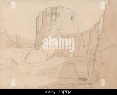 Blick auf den Donjon von Chateau Gaillard, nahe Andelys, Normandie, John Sell Cotman, 1782–1842, Britisch, ca. 1822, Graphit und braun waschen auf Medium, leicht strukturiert, Creme Wove Papier, Blatt: 7 5/8 x 9 7/8 Zoll (19.4 x 25.1 cm), architektonische Thema, Schloss, château, Andelys, les, Frankreich, Normandie Stockfoto